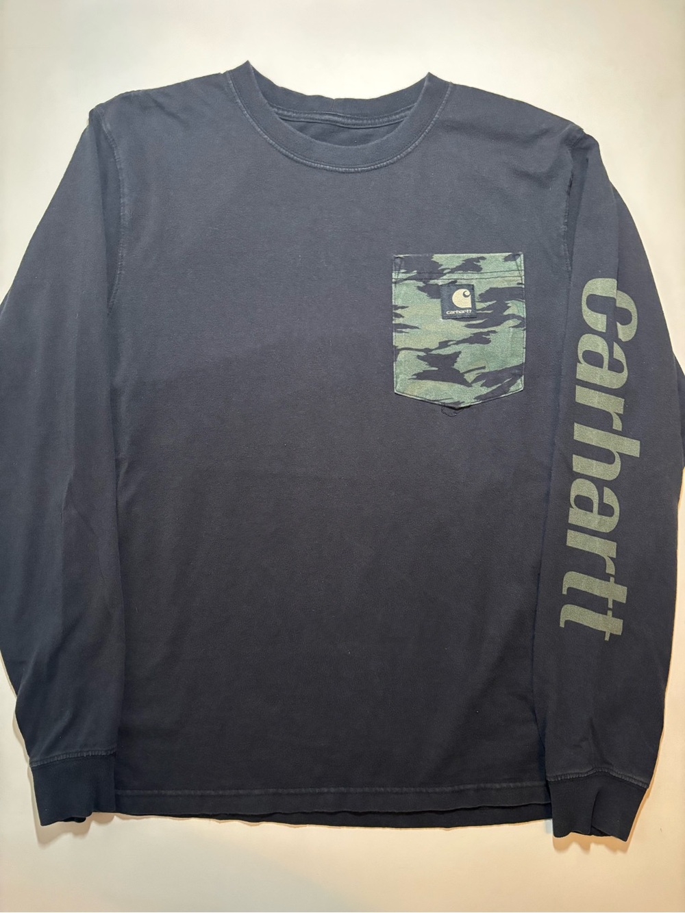Carhartt Men’s work Long-Sleeve Pocket T-Shirt with Green Camo Pocket